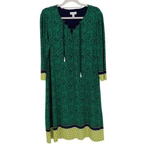 Susan Graver Liquid Knit Green Navy Print Dress L V Neck 3/4 Sleeve Stretch NWOT